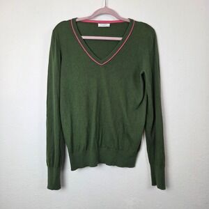 Equipment Femme Women Green V-Neck Sweater S Cotton Blend Pink Trim Made in USA‎